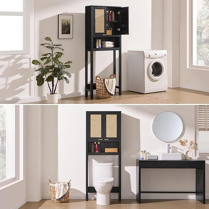 SICOTAS Over The Toilet Storage Cabinet with Rattan Door, Freestanding Bathroom Organizer with Adjustable Shelf, Space Saver Cabinet for Bathroom, Laundry Room, Restroom