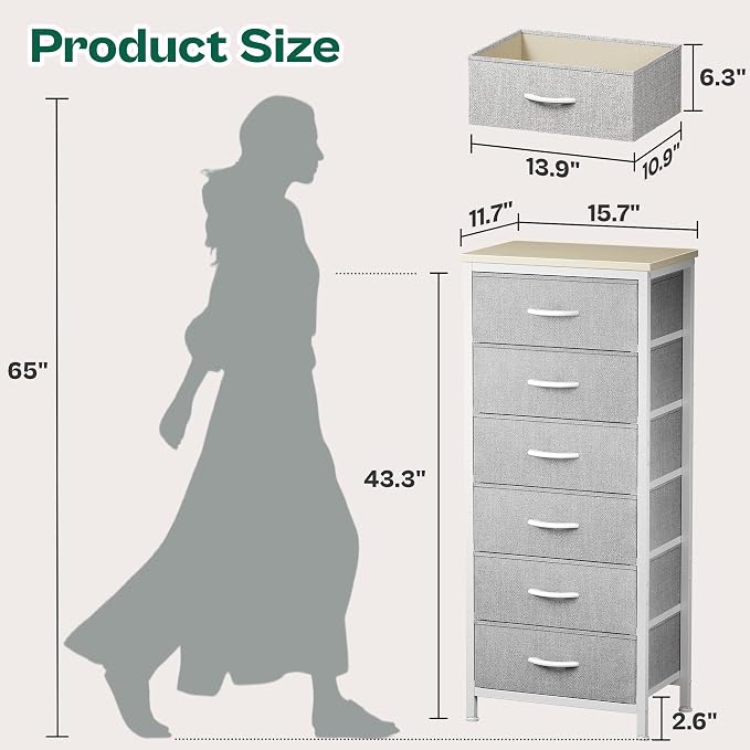 Huuger Tall Dresser for Bedroom, Stable 6 Drawer Dresser with Anti-Tip Device, PU Leather & Fabric Drawers, Tall Nightstand for Closet, Nursery, Storage Tower for College Dorm High Beds, Grey