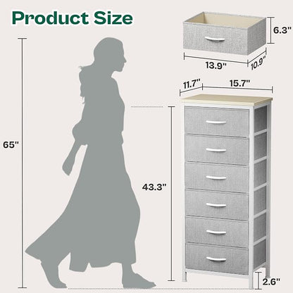 Huuger Tall Dresser for Bedroom, Stable 6 Drawer Dresser with Anti-Tip Device, PU Leather & Fabric Drawers, Tall Nightstand for Closet, Nursery, Storage Tower for College Dorm High Beds, Grey