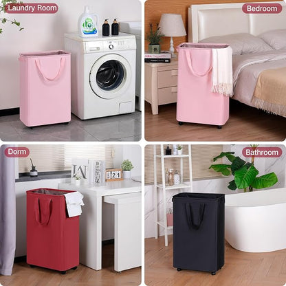 efluky Slim Laundry Hamper with Wheels, Rolling Laundry Basket for Clothes, Small Laundry Basket for Bedroom, Dorm and Laundry Room, 75L (19.8 Gallons) Burgundy Red
