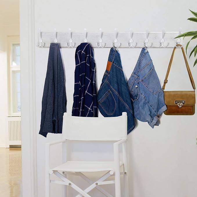 WEBI Coat Rack Wall Mounted,38 9/16" Long,10 Triple Hooks,Wood Coat Hooks Wall Mount,Large Coat Hanger Wall,Hook Rack,Tri Hooks for Hanging Coats,Clothes,Jacket,Entryway,Rustic White,2 Packs