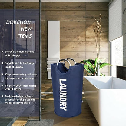 DOKEHOM 90L Large Laundry Basket, Collapsible Laundry Bag, Freestanding Tall Clothes Hamper, Foldable Washing Bin (Dark Blue)