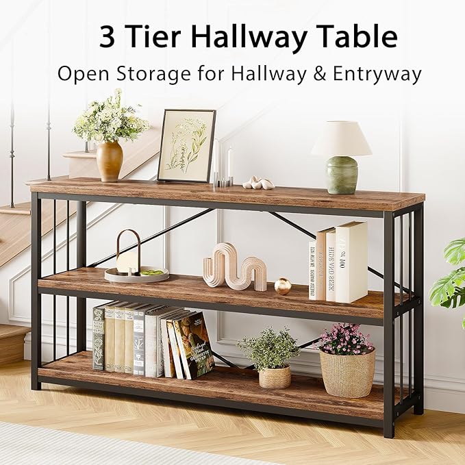 LVB Rustic 3 Tier Entryway Table, Industrial Long Wood Sofa Table Behind Couch,Farmhouse Narrow Console Table with Storage Shelf, Modern Hallway Entry Table for Foyer Living Room, Rustic Brown, 63