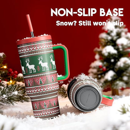 Meoky 40 oz Christmas Tumbler with Handle and Straw, Xmas Tumbler with Lid and Straw, Insulated Stainless Steel Travel Mug, Christmas Gifts for Women Men Adults (Jolly Reindeer)