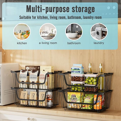 GAOKASE 6 Pcs Stackable Wire Baskets for Pantry Organizers and Storage,Vegetable Fruit Basket for Countertop,Kitchen Storage Metal Baskets,Produce Potato Onion Storage Bin,Black