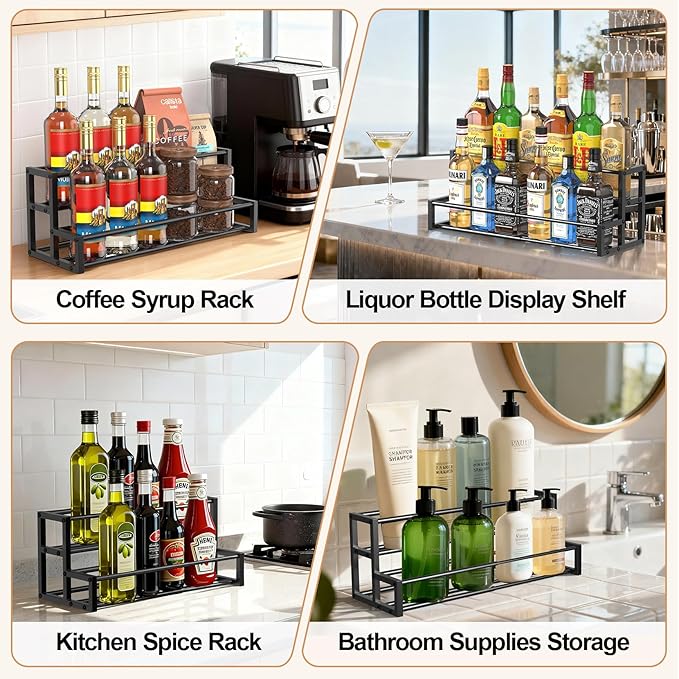 Expandable Coffee Syrup Organizer, Heavy Duty Syrup Rack Enlarged 6-12 Bottles Syrup Stand for Coffee Bar Accessories, Width Adjustable Space-Saving Storage Coffee Rack for Syrup, Wine