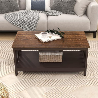 ChooChoo Farmhouse Coffee Table, Espresso Living Room Table with Shelf, 40 Inch