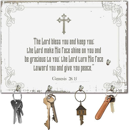 11" x 8" White Vintage Wood Wall-Mounted Key Holder - Genesis - with 4 Metal Hooks for Easy Hanging, Suitable for farmhouses, Homes, bedrooms, Wall Decorations & Gifts (1 Pcs) - A13
