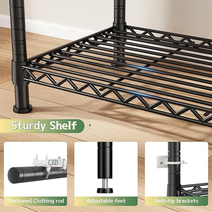 Raybee Heavy Duty Clothes Rack Load 800 LBS, Adjustable Clothing Racks for Hanging Clothes, Clothing Rack with Shelves for Bedroom,Basement 56''W x 15.7''D x 75.4''H, Black
