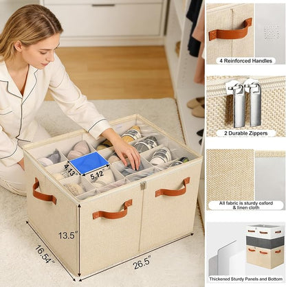 TOPIA HOME Shoe Organizer for Closet 2 Pack, Foldable Shoe Box with Adjustable Dividers and Clear Cover, Space Saving Shoe Storage Organizer Cabinet with Reinforced Handles, Fits 32 Pairs TP12J