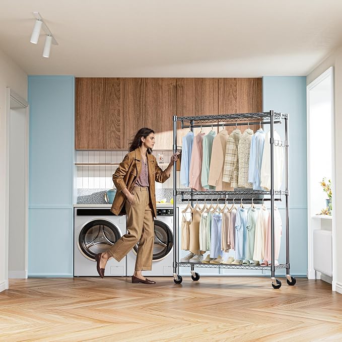 IZEUK Heavy Duty Rolling Garment Rack Wire Clothes Rack for Hanging Clothes (Black, Z1-17.7" D x 47.2" W x 83.6" H)