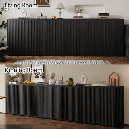 Rophefx Fluted Sideboard Cabinet, 94.5" Buffet Cabinet with Storage, Credenza Storage Cabinets with Adjustable Shelf, Wood Entryway Cabinets with Pop-up Door for Living Room, Entryway, Black Grey