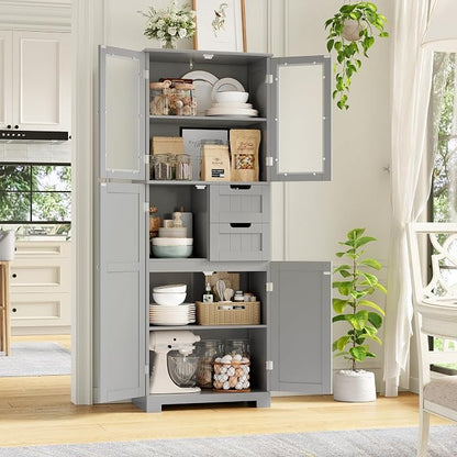 BOTLOG 67'' Tall Bathroom Storage Cabinet, Kitchen Pantry Cabinet with Glass Doors and Adjustable Shelves, Kitchen Cupboard with 2 Drawers for Bathroom, Dining Room, Grey
