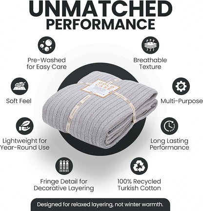 Gold Case Throw Blanket for Bed - 100% Recycled Turkish Cotton Blanket - Vintage Lightweight Soft Throw Blankets for Bed & Living Room - Queen Size Cozy Blankets - 90x90 - Grey