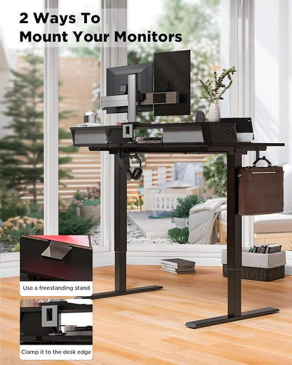 FiCiHi Standing Desk with Drawers, C-Clamp Mount Compatible, 55x24 Inch Electric Adjustable Height Computer Stand Up Desks, Home Office Sit Stand Table with 3 Preset Heights & 2 Hooks, Black