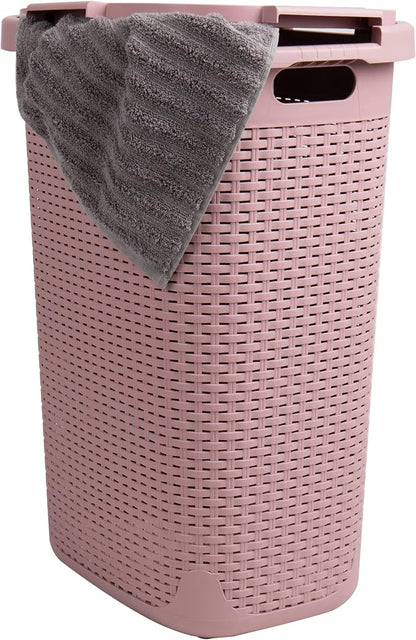 Mind Reader Slim Laundry Hamper with Lid, 60L Tall Clothes Basket, Narrow Tapered Design for Bathrooms, Closets and Laundry Rooms, Plastic, 2 Pack, Pink