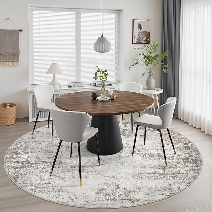 Round Area Rug for Living Room: 5 ft Washable Modern Abstract Soft Thin Rug Indoor Floor No Slip Stain Resistant Carpet for Bedroom Dining Room Farmhouse Nursery Home Office - Brown Grey