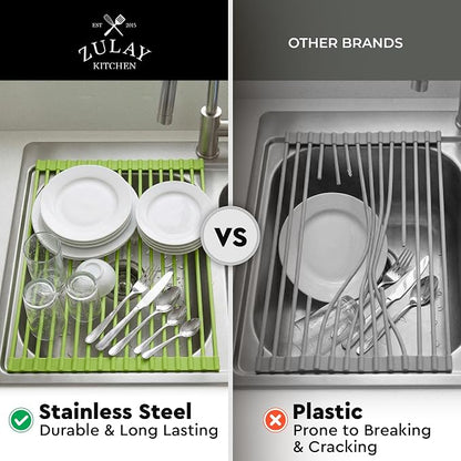 Zulay Kitchen Large Roll Up Dish Drying Rack - Heavy Duty Silicone Wrapped Steel Rods Over Sink Dish Drying Rack - Versatile Roll Up Sink Drying Rack & Trivet - Green,20.5 inches x 13 inches