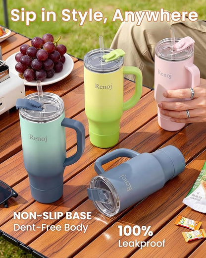 Renoj Tumbler with Handle 100% Leak Proof Insulated Water Bottle for Iced Coffee & Hot Drinks - Fits Car Cup Holder, Ideal Gift, 2 Straws & Silicone Boot BPA-Free - SnapShift Blue Gradient 32 oz