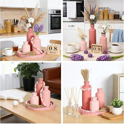 5 Pcs Rustic Country Tabletop Centerpieces Decor Set of 3 Boho Ceramic Vases with Wooden Serving Tray Wood Bead Garland Tassels Table Holder for Home Decorations (Pink)