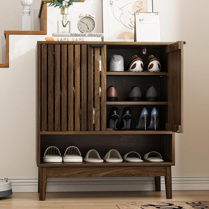 Shoe Cabinet with Slatted Doors, 4 Tier Freestanding Shoe Cabinet Storage for Entryway, Narrow Entryway Shoe Organizer Cabinets with Shelves (Walnut, 27.6" Wide)