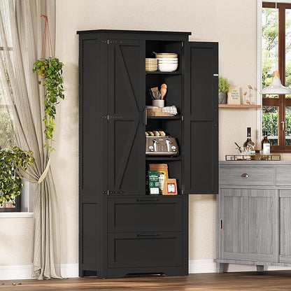 TEENFON 66.2" H Storage Cabinet, Farmhouse Kitchen Pantry Cabinet with 2 Drawers & Adjustable Shelf, Bathroom Cabinet, for Living Room, Kitchen, Bathroom, Black