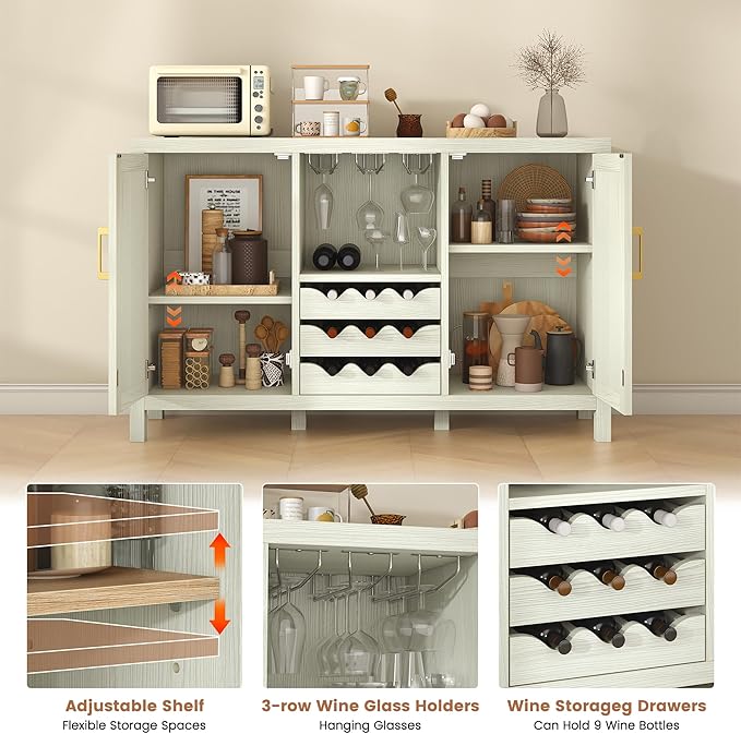 Rattan Wine Bar Cabinet, Boho Rattan Home Bar with Glass Holder and Drawer Style Racks, Oak Sideboard Buffet Storage Cabinet for Living Dining Room Kitchen (White Oak)