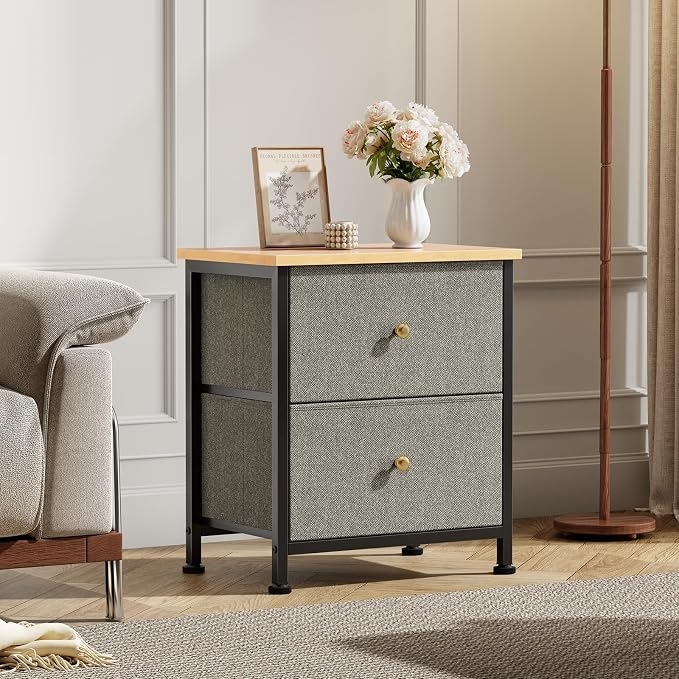 DUMOS Nightstand Small Dresser with 2 Fabric Drawers Side Tables Bedroom End Table Kids Bedside Storage Furniture for 20 inch Tall Night Stand for Closet, Entryway, College Dorm, Ink Green 2Pack