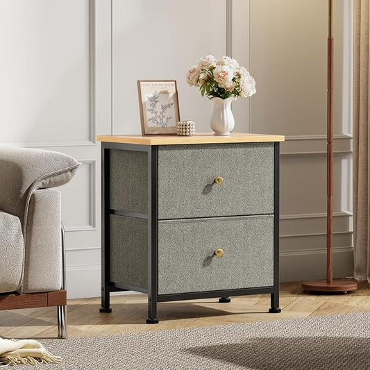 DUMOS Nightstand Small Dresser with 2 Fabric Drawers Side Tables Bedroom End Table Kids Bedside Storage Furniture for 20 inch Tall Night Stand for Closet, Entryway, College Dorm, Ink Green 2Pack