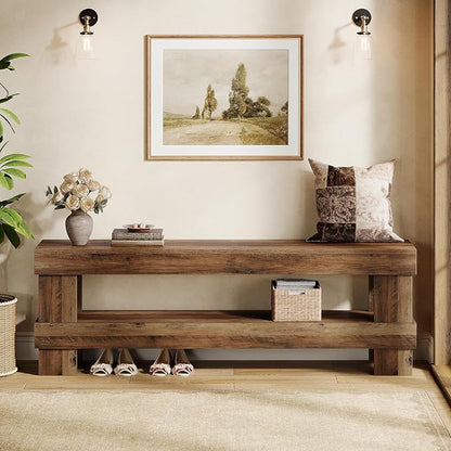 Tribesigns Farmhouse Entryway Bench, 59-Inch Long Shoe Bench Seat with Open Storage Shelf, 2-Tier Narrow End of Bed Benches for Bedroom, Entryway, Hallway, Indoor, Living Room (Rustic Brown)