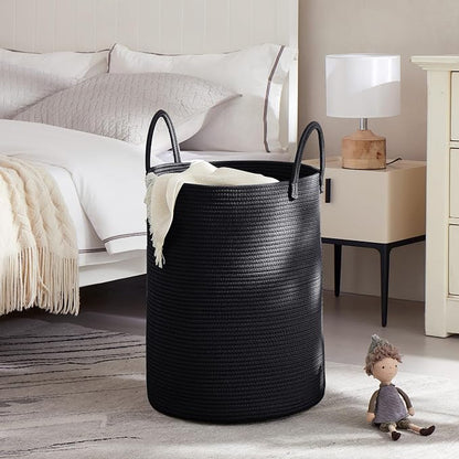 80L Extra Large Black Laundry Hamper Tall Woven Rope Laundry Basket for Clothes Modern Blanket Storage Basket in Living Room Bedroom 16"L x 16"W x 22"H