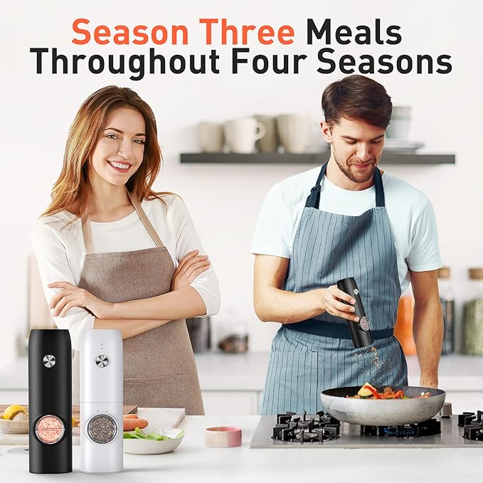 Electric Salt and Pepper Grinder Set, Rechargeable Automatic Pepper Mill Grinder with LED Light, Adjustable Coarseness shakers, One-Hand Operation for Kitchen Appliances(2 Pack Black)