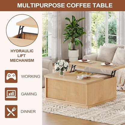 Itaar 39.4'' Lift Top Coffee Table with Storage, Fluted Coffee Tables for Living Room, Square Coffee Table with Large Hidden Compartment & 2 Drawrs & Adjustables Shelves, Oak