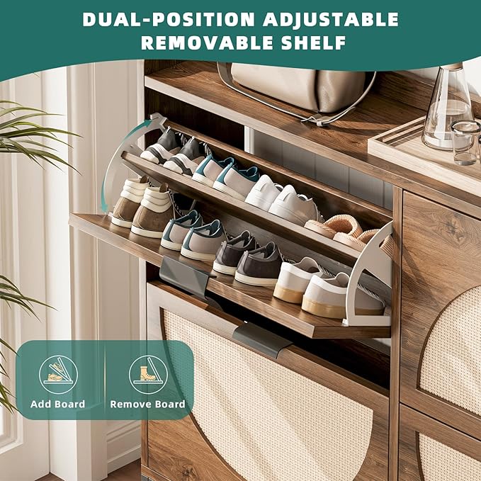 Shoe Storage Cabinet for Entryway Wooden Rattan Shoe Cabinet with 4 Flip Drawers Long Hidden Shoes Cabinet Storage with Metal Legs Narrow Shoe Rack Cabinet Shoes Organizer Cabinet for Hallway Oak