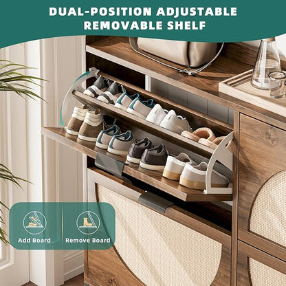 Shoe Storage Cabinet for Entryway Wooden Rattan Shoe Cabinet with 4 Flip Drawers Long Hidden Shoes Cabinet Storage with Metal Legs Narrow Shoe Rack Cabinet Shoes Organizer Cabinet for Hallway Oak