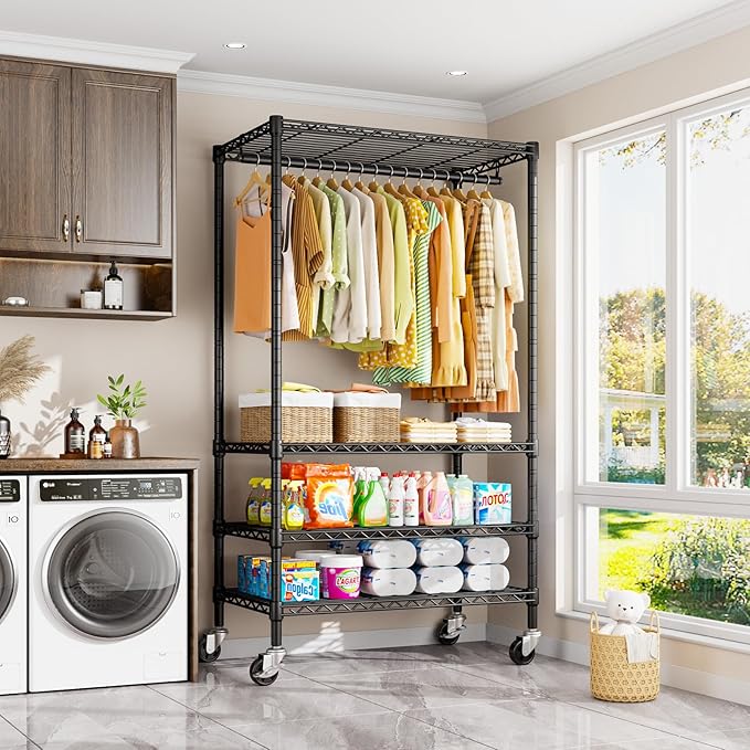 P9 Rolling Clothes Rack Heavy Duty, Clothing Racks for Hanging Clothes, 4 Tiers Garment Rack with Wheels, Metal Portable Closet Rack, 35.5" L X 15.8" W X 80.5" H, Max Load 445 LBS, Black