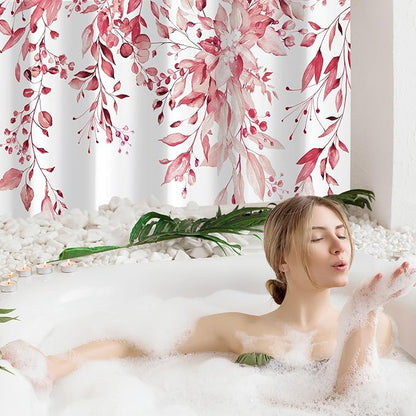 Gibelle Pink Eucalyptus Shower Curtain, Watercolor Plant Leaves with Floral Bathroom Shower Curtain Set, 72x72