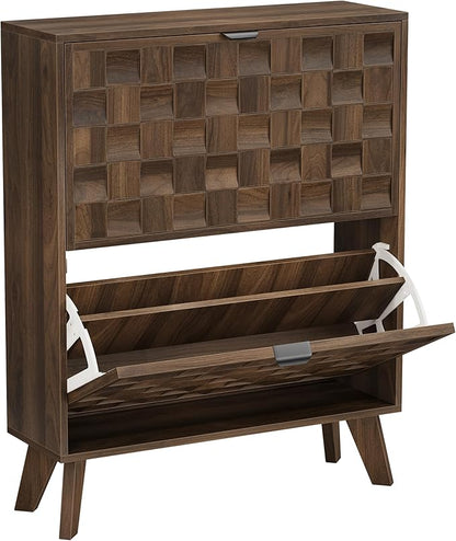 Smuxee Walnut Shoe Cabinet with 2 Flip Drawers, 29.6" Hidden Shoe Storage Cabinet with Embossed Checkerboard Doors, Freestanding Shoe Organizer Cabinet for Entryway, Hallway, Living Room