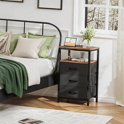 Huuger Nightstand with Charging Station, 27.6 Inch End Table Bedside Table with USB Ports and Outlets, Fabric Drawers, Night Stand for Bedroom, Rustic Brown and Black