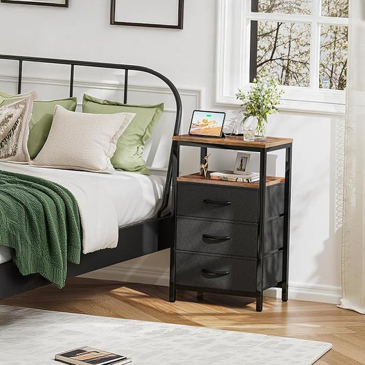 Huuger Nightstand with Charging Station, 27.6 Inch End Table Bedside Table with USB Ports and Outlets, Fabric Drawers, Night Stand for Bedroom, Rustic Brown and Black