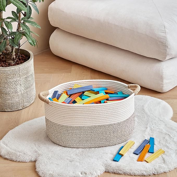 R RUNKA Storage Baskets for Organizing | 15"x10.2"x9.1" - 1 Pack Nursery Bin with Handles - Woven Cotton Rope Baskets for Dog Toys, Books, Shelf, Bathroom,Closet -Stylish Storage | White & Beige