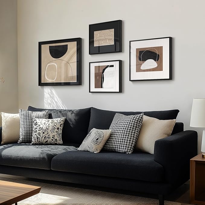 Framed Abstract Wall Art Set of 4, Large Modern Minimalist Canvas Decor Prints, Black and Brown Geometric Boho Neutral Pictures Paintings for Living Room, Bedroom, Dining, Office and Hallway