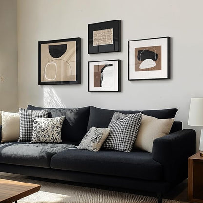 Framed Abstract Wall Art Set of 4, Large Modern Minimalist Canvas Decor Prints, Black and Brown Geometric Boho Neutral Pictures Paintings for Living Room, Bedroom, Dining, Office and Hallway