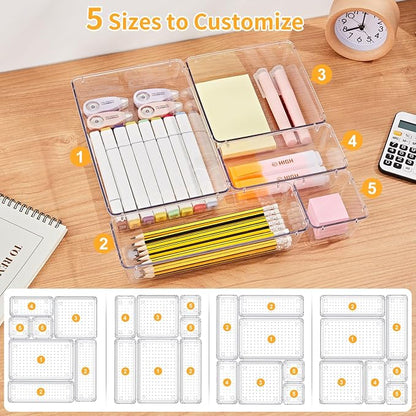 SMARTAKE 13-Piece Drawer Organizers with Non-Slip Silicone Pads, 5-Size Desk Bathroom Drawer Organizer Trays Storage Tray for Makeup, Jewelries, Utensils in Bedroom Dresser, Office and Kitchen, Clear