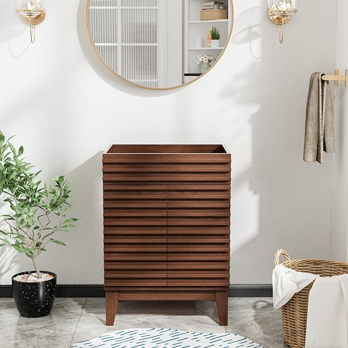 ROOMTEC 24" Bathroom Vanity, Mid-Century Freestanding Bathroom Cabinet Vanity with Storage, Particleboard Frame with Wood Grain Laminate, Walnut (Sink Basin Not Included)