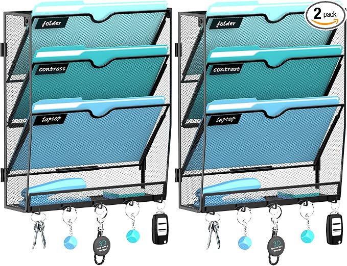 2 Pack 4 Tier Wall File Organizer - Hanging File Organizer with 5 Hooks, Mail Holder Wall Mounted for Papers, Folders, Magazines, Bills, Office&School Organization, Black