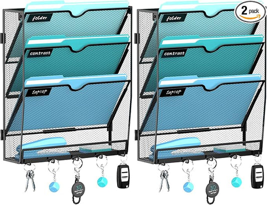 2 Pack 4 Tier Wall File Organizer - Hanging File Organizer with 5 Hooks, Mail Holder Wall Mounted for Papers, Folders, Magazines, Bills, Office&School Organization, Black