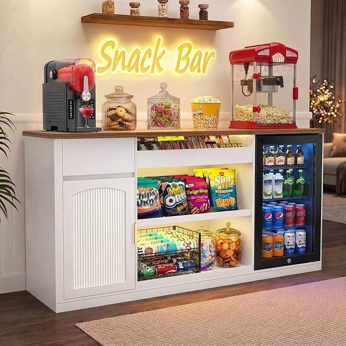 GDLF Snack Bar Cabinet with Fridge Space, 70.1" Snack Organizer with Storage and Candy Display Shelf, Coffee Station for Home Theater or Game Room with LED Lights, White