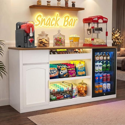 GDLF Snack Bar Cabinet with Fridge Space, 70.1" Snack Organizer with Storage and Candy Display Shelf, Coffee Station for Home Theater or Game Room with LED Lights, White