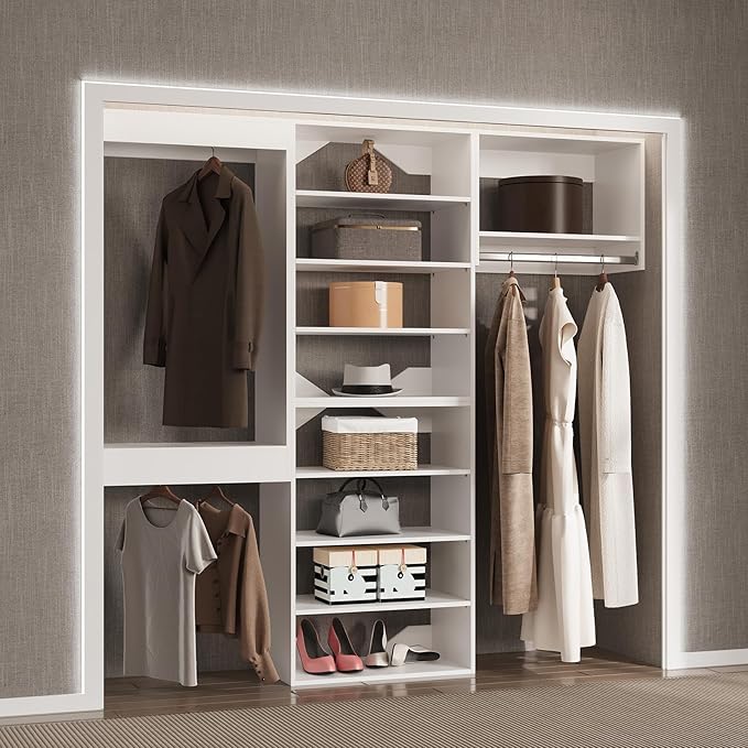 Modular Closet Organizer, 72" Wide Tower System with Hanging, Wall Mounted Wardrobe Organizer Kit, White